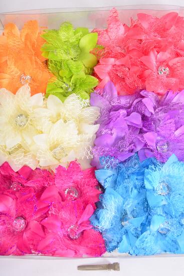 Flowers 24 pcs Flower Daisy Lace Multi / 24 pcs Flower = Dozen Alligator Clip , Flower Size - 2.75" Wide , 2 Fuchsia ,2 Lavender ,2 Coral , 2 Blue , 2 Beige , 1 Lime , 1 Orange Color asst .,