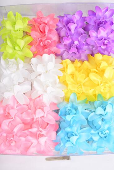 Flowers 24 pcs Alligator Clip Pastel / 24 pcs Flower = Dozen Flower Size - 2.75" Wide , 2 Purple , 2 Blue , 2 Pink , 2 Yellow, 1 White , 1 Lime , 1 Lavender , 1 Coral Pink Color Asst