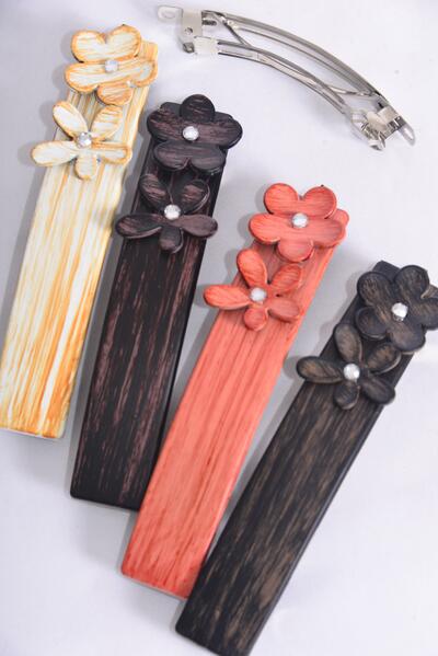 Hair Barrette French Clip Flower Brush Stroked / 12 pcs = Dozen French Clip , Size - 4.5"x 1" Wide , 4 of each Pattern Asst , Hang Card & Individual OPP Bag & UPC Code