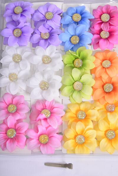 Flowers 24 pcs Daisy Flower Pastel Mix / 24 pcs Flower = Dozen Size-2.75" Wide , Alligator Clip , 2 Fuchsia , 2 Blue , 2 White , 2 Lavender , 2 Yellow , 1 Orange , 1 Lime Color Asst