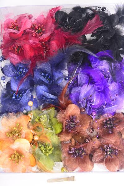 Flowers 24 pcs Satin Chiffon Feather & Pearl Strings Mix Dark Multi / 24 pcs Flower = Dozen Alligator Clip , Flower - 2.75" Wide , 2 Black , 2 Burgundy , 2 Purple , 2 Navy , 2 Brown , 1 Olive , 1 Camel  Color Asst