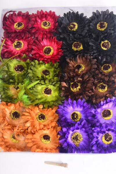 Flowers 24 pcs Daisy Flower Feathers Dark Multi / 24 pcs Flower = Dozen Alligator Clip , Flower Size-2.75" , 2 Black , 2 Brown , 2 Purple , 2 Burgundy , 2 Navy , 1 Camel , 1 Olive Mix , Display Card & UPC Code , Clear Box