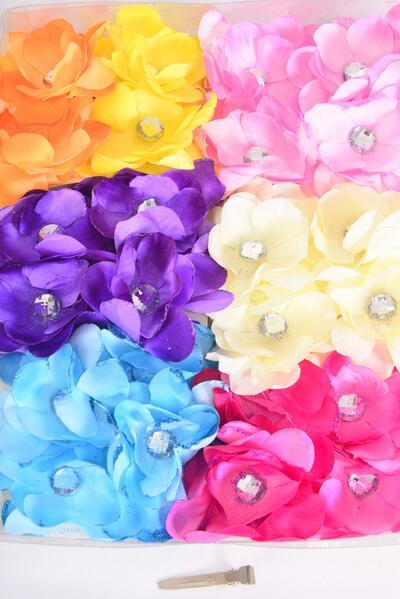 Flowers 24 pcs Glitter Trim Alligator Clip Pastel Mix / 24 pcs Flower = Dozen  Size - 2.75" Wide , Alligator Clip , 2 Baby Pink , 2 Yellow , 2 Purple , 2 Blue  ,2 Hot Pink , 1 Beige , 1 Orange Mix , Clear Box