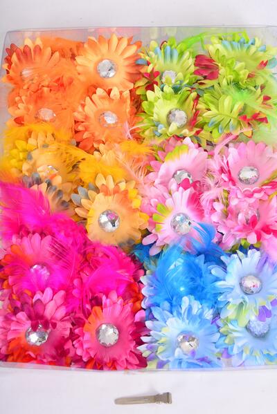 Flowers 24 pcs Gradient Tiedye Daisy Flowers Feathers Mix Multi / 24 pcs Flower = Dozen Alligator Clip , Flower Size - 2.75" Wide , 2 Pink , 2 Blue , 2 Orange , 2 Fuchsia , 2 Yellow , 1 Lime, 1 Coral Color Asst