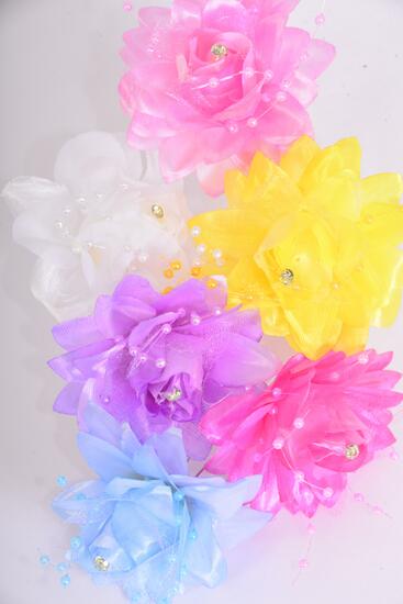 Flower Hat Pin Pastel String Beads / 12 pcs Flower = Dozen Hat Pin , Flower Size - 3" , Pin - 3" , 2 of each Color Asst , Display Card & UPC Code , Clear Box