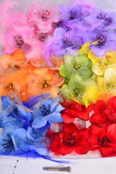 Flowers 24 pcs Flower Chiffon Feather & Pearls Strings Multi / 24 pcs Flower = Dozen Alligator Clip , Flower Size - 2.75" Wide , 2 Red , 2 Orange , 2 Purple , 2 Pink , 1 Lime , 1 Blue , 1 Fuchsia , 1 Yellow Color Asst