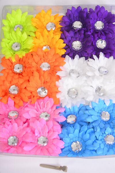 Flower 24 pcs Daisy Flower Multi / 24 pcs Flower = Dozen Alligator Clip , Flower Size - 2.75" Wide , 2 White , 2 Pink , 2 Orange , 2 Purple , 1 Yellow , 1 Blue , 1 Lime , 1 Red Color Asst