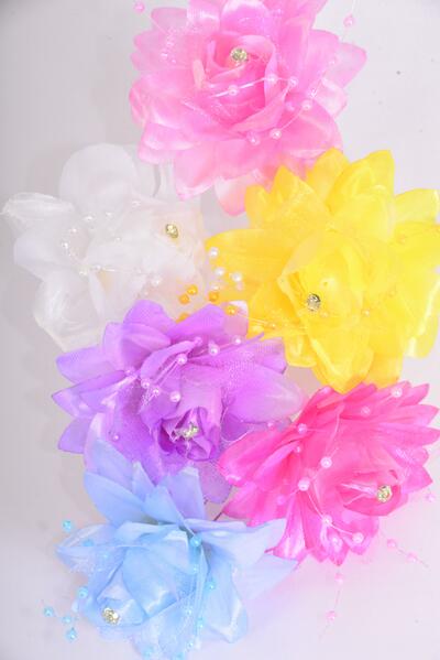 Flower Hat Pin Pastel String Beads / 12 pcs Flower = Dozen Hat Pin , Flower Size - 3" , Pin - 3" , 2 of each Color Asst , Display Card & UPC Code , Clear Box
