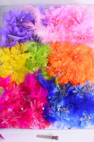 Flowers 24 pcs Feather & Flowers Multi / 24 pcs Flower = Dozen  Alligator Clip , Flower Size - 2.75" Wide, 2 Red ,2 Lavender ,2 Pink ,2 Orange ,1 Fuchsia ,1 Blue ,1 Yellow ,1 Lime Color Asst