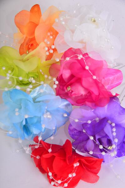 Flower Hat Pin Multi String Beads / 12 pcs Flower = Dozen    Hat Pin , Flower Size - 3" , Pin - 3", 2 Red , 2 Fuchsia , 2 Blue , 2 Purple , 2 White , 1 Orange , 1 Lime Mix , Display Card & UPC Code , Clear Box