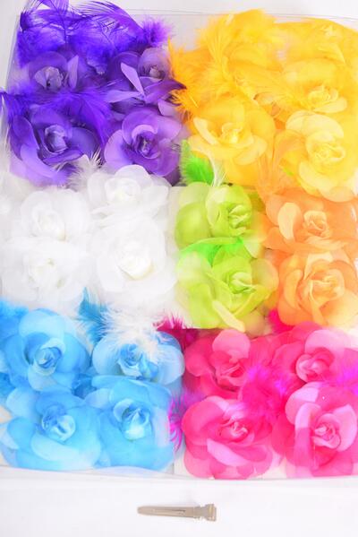 Flowers 24 pcs Rose & Feathers Multi / 24 pcs Flower = Dozen Alligator Clip , Size - 2.75" Wide , 2 Red , 2 White , 2 Yellow , 2 Purple , 1 Fuchsia , 1 Blue , 1 Lime , 1 Orange Color Asst