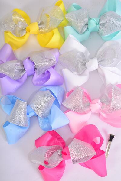 Hair Bow Jumbo Double Layered Silver Metallic Grosgrain Bowtie Pastel / 12 pcs Bow = Dozen Alligator Clip , Size - 6" x 5" Wide , 2 White, 2 Pink, 2 Yellow , 2 Lavender , 2 Blue , 1 Hot Pink , 1 Mint Color Mix , Clip Strip & UPC Code