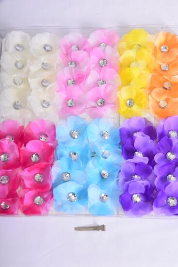 Flowers 48 pcs Alligator Clip Flower & Clear Stone / 48 pc Flower = Dozen Alligator Clip , Size - 2.75" Wide , 2 Fuchsia , 2 Blue , 2 Purple , 2 Beige , 2 Pink , 1 Yellow , 1 Orange Color Asst