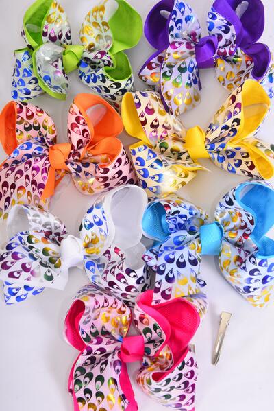 Hair Bow Jumbo Double Layered Metallic Peacock Grosgrain Bow-tie Citrus / 12 pcs Bow = Dozen Alligator Clip , Size - 6" x 5" Wide , 2 White , 2 Fuchsia , 2 Purple , 2 Yellow , 2 Blue , 1 Lime , 1 Orange Color Asst , Clip Strip & UPC Code