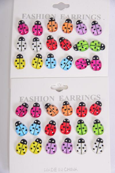 Earrings 9 pair Ladybugs Multi / 12 card = Dozen Post , Earring Card & OPP Bag & UPC Code
