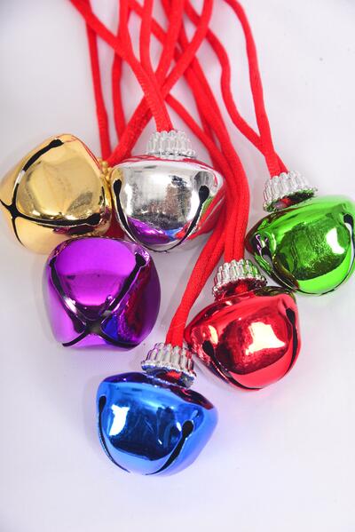 Jingle Bell Necklace Multi / 12 pcs Bell = Dozen Multi , Bell Size - 3.5 cm Wide , 36" Long , 2 of each Color Asst , Hang tag & OPP bag & UPC Code