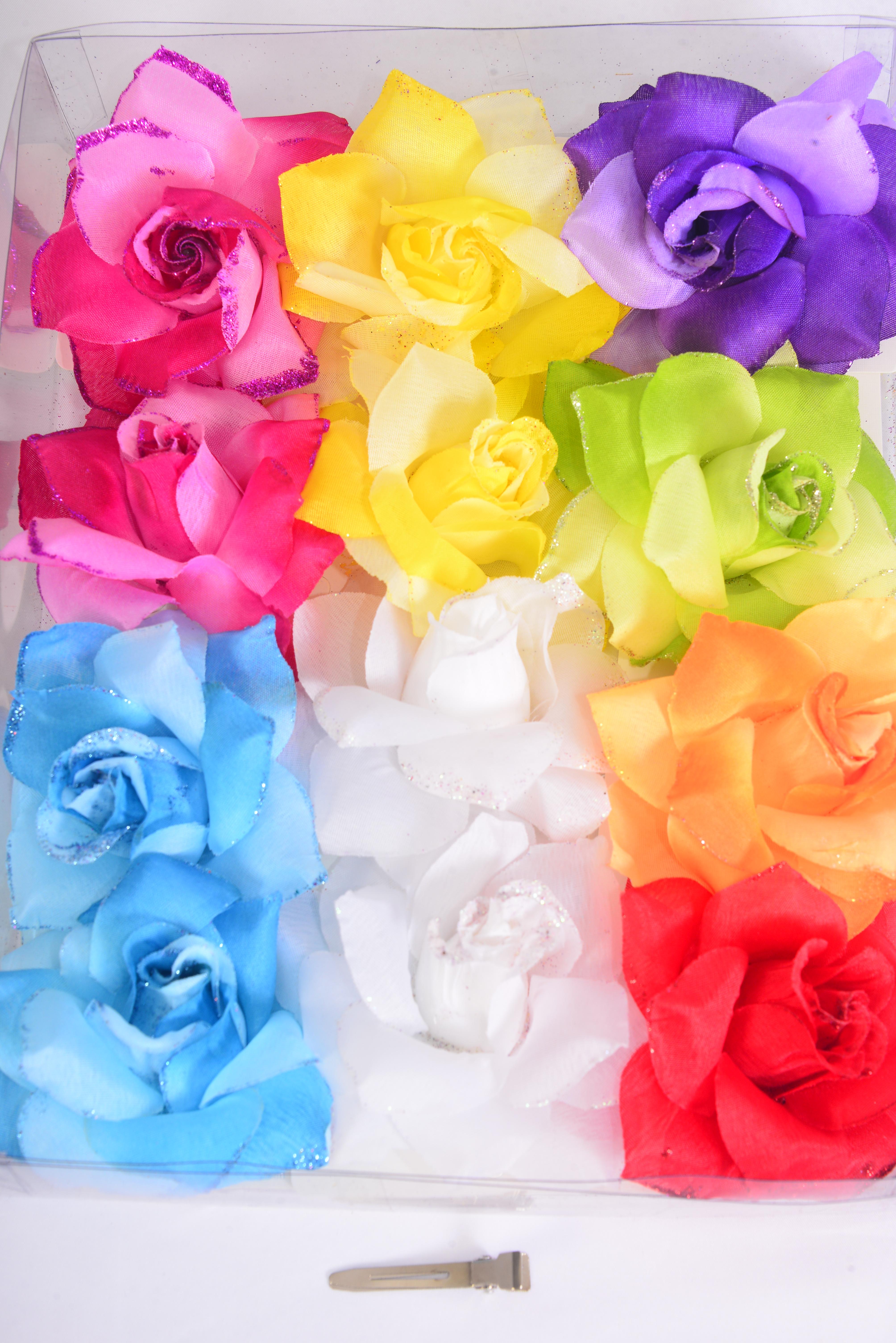 Flower Silk Flower 2 tone Rose Glitter Trim Multi 12 pcs Flower