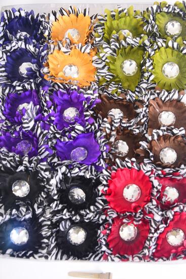 Flowers 24 pcs Zebra Print Dark Multi / 24 pcs Flower = Dozen Alligator Clip , Flower Size - 2.75" Wide , 2 Black , 2 Burgundy , 2 Purple , 2 Brown , 2 Navy , 1 Olive , 1 Camal Color Asst