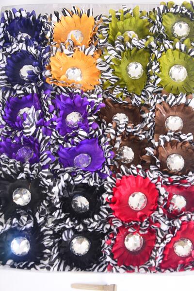 Flowers 24 pcs Zebra Print Dark Multi / 24 pcs Flower = Dozen Alligator Clip , Flower Size - 2.75" Wide , 2 Black , 2 Burgundy , 2 Purple , 2 Brown , 2 Navy , 1 Olive , 1 Camal Color Asst
