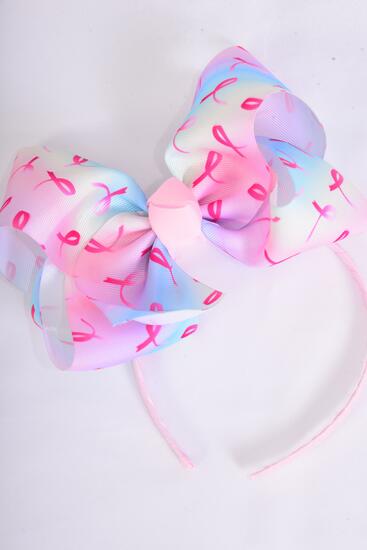 Headband Horseshoe Jumbo Tiedye Gradient Pink Ribbon Grosgrain Bow-tie / 12 pcs = Dozen Bow Size - 6" x 5" Wide , 4 Of each Pattern Asst , Hang Tag & UPC Code , Clear Box