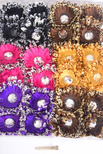 Flowers 24 pcs Flower Daisy Leopard Print / 24 pcs Flower = Dozen Alligator Clip , Flower Size - 2.75" Wide , 3 Brown, 3 Canel , 2 Black , 2 Purple , 2 Fuchsia Color Asst