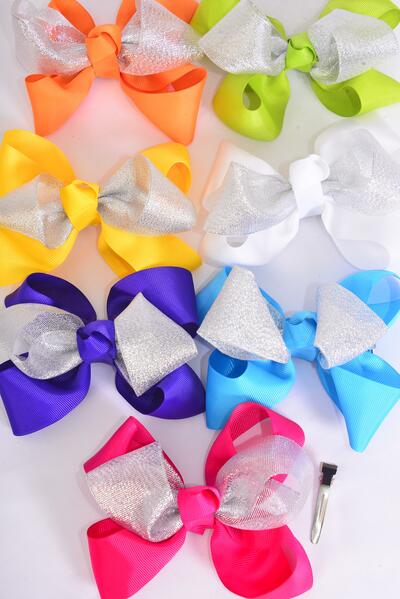 Hair Bow Jumbo Double Layered Silver Metallic Grosgrain Bow-tie / 12 pcs Bow = Dozen   Alligator Clip , Size- 6"x 5" Wide , 2 Fuchsia , 2 Blue , 2 Yellow , 2 Purple , 2 White , 1 Lime , 1 Orange Color Mix , Clip Strip & UPC Code