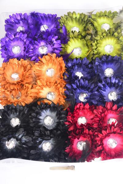 Flowers 24 pcs Daisy Feathers Mix Dark Multi / 24 pcs Flower = Dozen Alligator Clip , Flower Size - 2.75" Wide , 2 Black , 2 Burgundy , 2 Brown , 2 Navy , 2 Purple , 1 Orange , 1 Green mix
