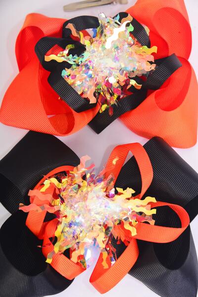 Hair Bow Jumbo Happy Halloween Iridescent Grosgrain Bow-tie / 12 pcs Bow = Dozen Alligator Clip , Size - 6" x 5" Wide , 6 Black , 6 Autumn Orange Color Asst , Clip Strip & UPC Code