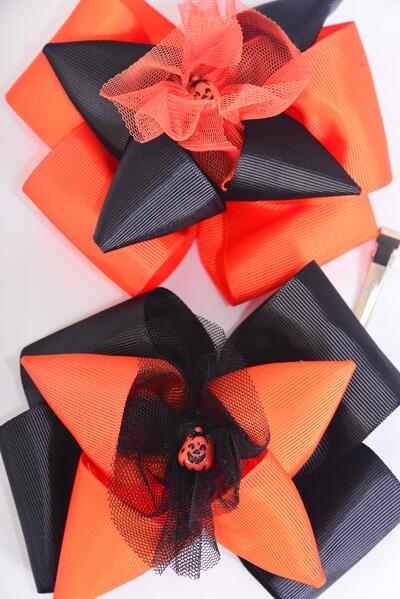 Hair Bow Jumbo Halloween Double Layered Pumpkin Charm Black & Orange Mix Grosgrain Bow-tie / 12 pcs Bow = Dozen Alligator Clip , Size - 6" x 5" Wide , 6 Black , 6 Orange Mix , Clip Strip & UPC Code