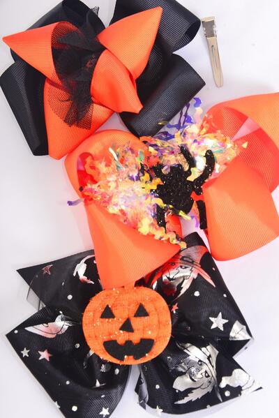 Hair Bow Jumbo Happy Halloween Double Layered Grosgrain Bow-tie / 12 pcs Bow = Dozen Alligator Clip , Size - 6" x 5" Wide , 4 of each Pattern Asst , Clip Strip & UPC Code