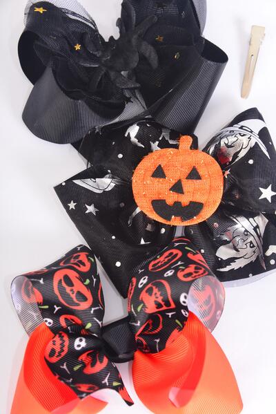Hair Bow Jumbo Happy Halloween Spider Pumpkin Witch Etc Mix Grosgrain Bow-tie / 12 pcs Bow = Dozen Alligator Clip , Size - 6"x 5" Wide , 4 of each Pattern Asst , Clip Strip & UPC Code