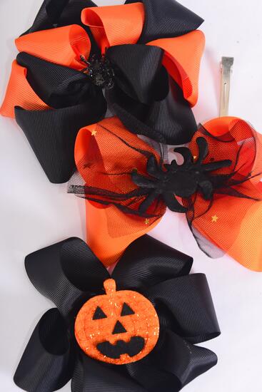 Hair Bow Jumbo Happy Halloween Double Layered Grosgrain Bow-tie / 12 pcs Bow = Dozen Alligator Clip , Size - 6" x 5" Wide , 4 of each Pattern Asst , Clip Strip & UPC Code