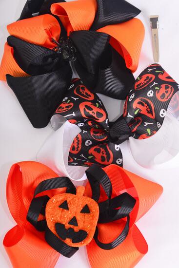 Hair Bow Jumbo Halloween Double Layered Grosgrain Bow-tie / 12 pcs Bow = Dozen Alligator Clip , Size - 6"x 5" Wide , 4 of each Pattern Asst , Clip Strip & UPC Code