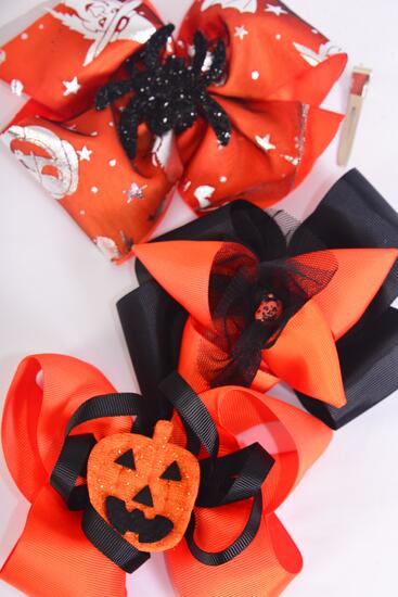 Hair Bow Jumbo Halloween Double Layered Grosgrain Bow-tie / 12 pcs Bow = Dozen Alligator Clip , Size - 6" x 5" Wide , 4 of each Pattern Asst , Clip Strip & UPC Code