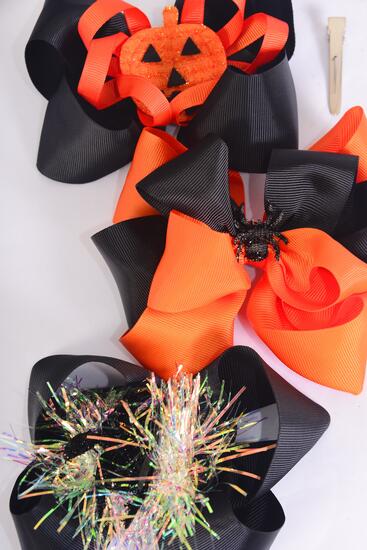 Hair Bow Jumbo Happy Halloween Spider Pumpkin Witch Etc Mix Grosgrain Bow-tie / 12 pcs Bow = Dozen Halloween , Alligator Clip , Size - 6" x 5" Wide , 4 of each Pattern Asst , Clip Strip & UPC Code