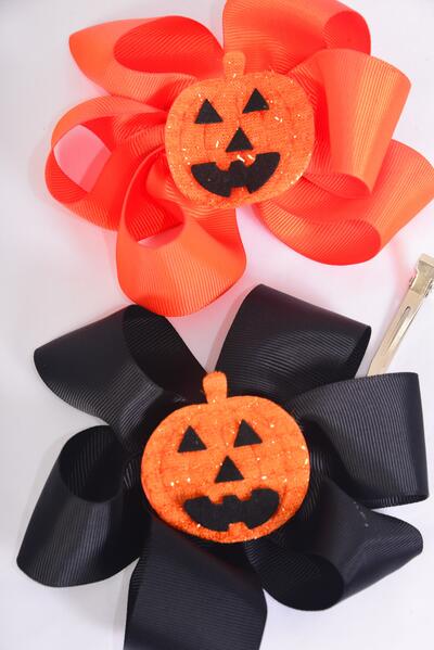 Hair Bow Jumbo Halloween Jack O'lantern  Pumpkin Grosgrain Bow-tie / 12 pcs Bow = Dozen Alligator Clip , Size- 6"x 5" Wide , 6 of each Color Asst , Clip Strip & UPC Code