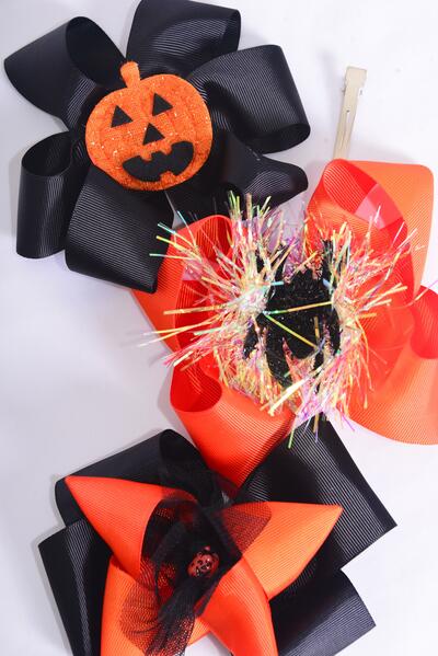 Hair Bow Jumbo Halloween Double Layered Grosgrain Bow-tie / 12 pcs Bow = Dozen Alligator Clip , Size - 6" x 5" Wide , 4 of each Pattern Asst , Clip Strip & UPC Code