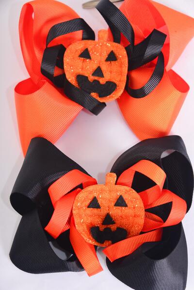 Hair Bow Jumbo Halloween Jack O'lantern  Pumpkin Grosgrain Bow-tie / 12 pcs Bow = Dozen Alligator Clip , Size-6"x 5" Wide , 6 of each Pattern Asst , Clip Strip & UPC Code