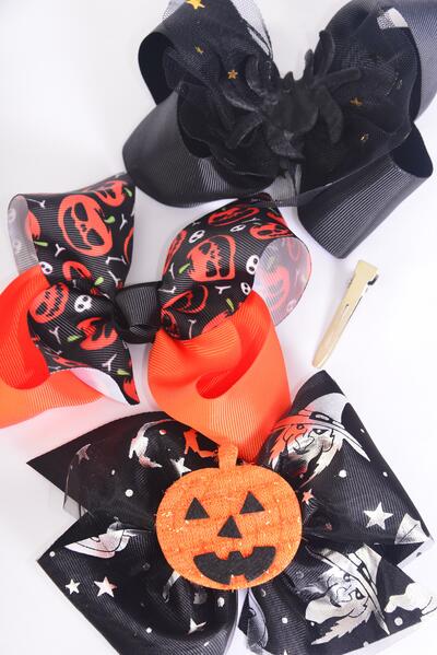 Hair Bow Jumbo Halloween Double Layered Grosgrain Bow-tie / 12 pcs Bow = Dozen Alligator Clip , Size - 6"x 5" Wide , 4 of each Pattern Asst , Clip Strip & UPC Code