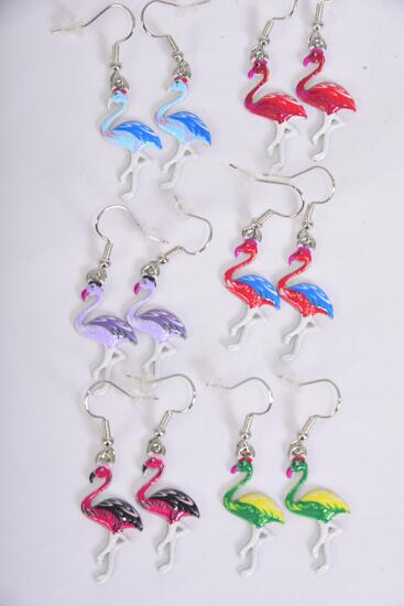 Earrings Flamingo Enamel Color Asst / 12 pair = Dozen match 27801 Multi , Fish Hook , 2 Of each Pattern Asst , Earring Card & OPP Bag & UPC Code