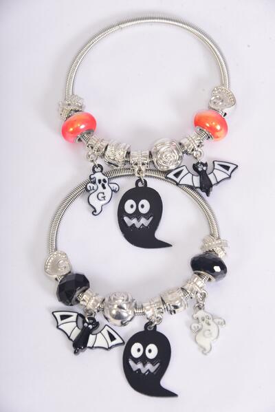 Charm Bracelet Halloween Ghost Bat Ghost Charms / 12 pcs = Dozen 6 Of Each Pattern Asst , Hang Tag & Opp Bag & UPC Code