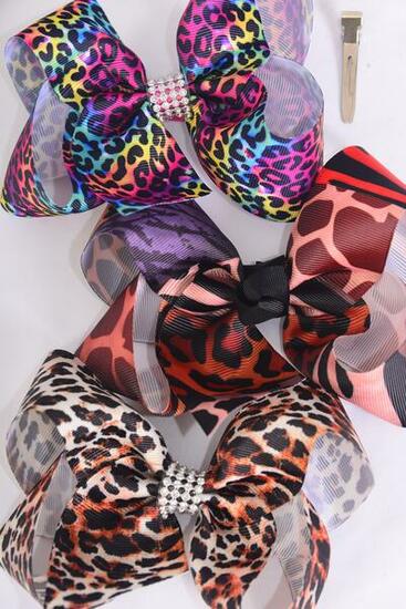 Hair Bow Jumbo Gradient Tiedye leopard Zebra Animal Pattern Mix Grosgrain Bow-tie / 12 pcs Bow = Dozen Alligator Clip , Size - 6" x 5" Wide , 4 of each Pattern , Clip Strip & UPC Code
