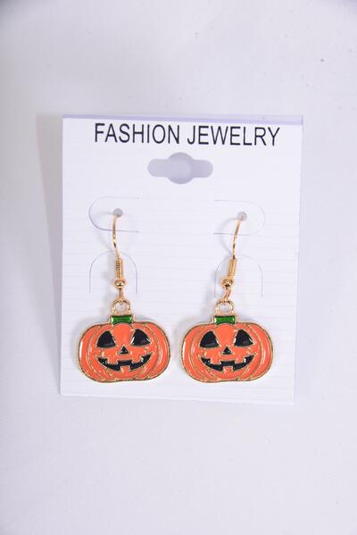 Earrings Pumpkin Enamel Halloween /12 pair = Dozen  Fish Hook , Size-0.75" Wide , 6 Of Each Pattern Asst , Earring Card & OPP Bag & UPC Code