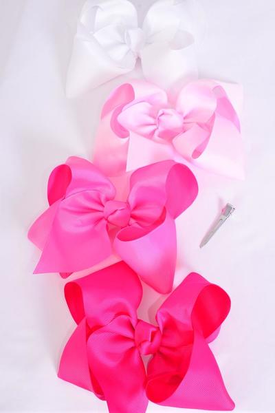 Hair Bow Jumbo Pink Mix Grosgrain Bow-tie / Hair Bow Jumbo Blue Mix Grosgrain Bow-tie / 12 pcs Bow = Dozen  Pink Mix , Alligator Clip , Size- 6"x 5" Wide , 3 White , 3 Baby Pink , 3 Hot Pink , 3 Fuchsia Color Asst , Clip Strip & UPC Code
