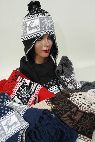Winter Knit Scarf & Hat Set Fleece Inside Snowflake & Deer / 12 Set per Dozen Multi , Scarf Size- 64"x 8" Wide , 2 Red , 2 Black , 2 Brown , 2 Gray , 2 Khaki , 2 Navy Asst , OPP Bag