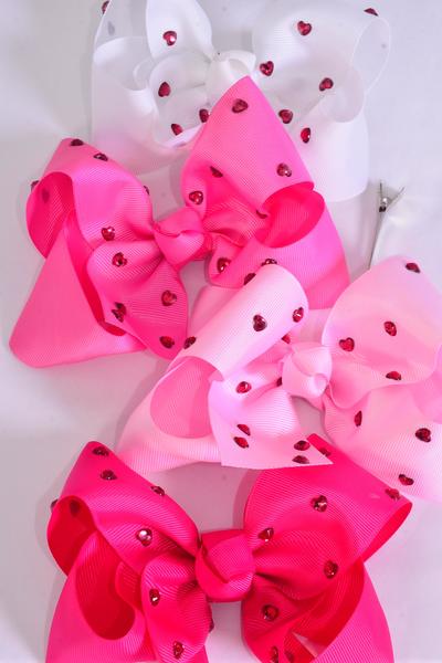 Hair Bow Jumbo Studded Pink Heart Stones Grosgrain Bow-tie Pink Mix / 12 pcs Bow = Dozen Alligator Clip , Size - 6" x 5" Wide , 3 White , 3 Pearl Pink , 3 Hot Pink , 3 Fuchsia Color Asst , Clip Strip & UPC Code