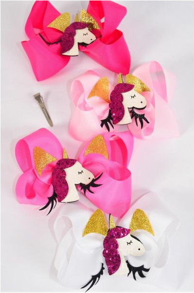 Hair Bow Jumbo Unicorn Metallic Grosgrain Bow-tie Pink Mix / 12 pcs Bow = Dozen  match 88596 Bow Size- 6"x 5" , Alligator Clip , 3 White , 3 Baby Pink , 3 Hot Pink , 3 Fuchsia Asst , Clip Strip & UPC Code