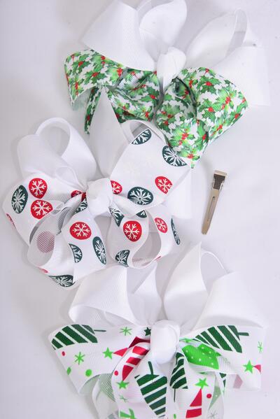 Hair Bow Jumbo White XMAS 2 Tone Snowflake Tree Holly Pattern Asst Grosgrain Bow-tie / 12 pcs Bow = Dozen Christmas , Alligator Clip , Size-  6"x 5" Wide , 4 of each Pattern Asst , Clip Strip & UPC Code