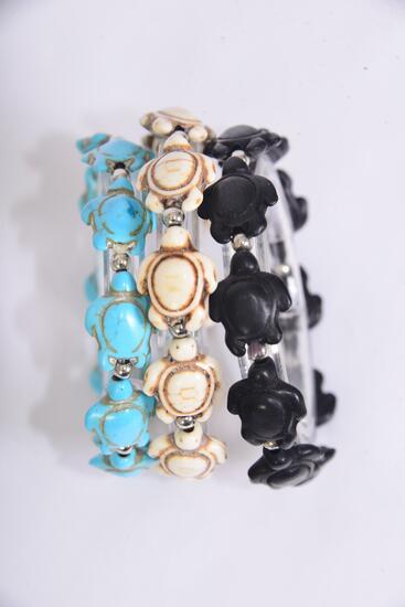 Bracelet Semiprecious Stone Turtle Stretch / 12 pcs = Dozen Stretch , 4 Black , 4 Ivory , 4 Turquoise Asst , Hang Tag & OPP Bag & UPC Code