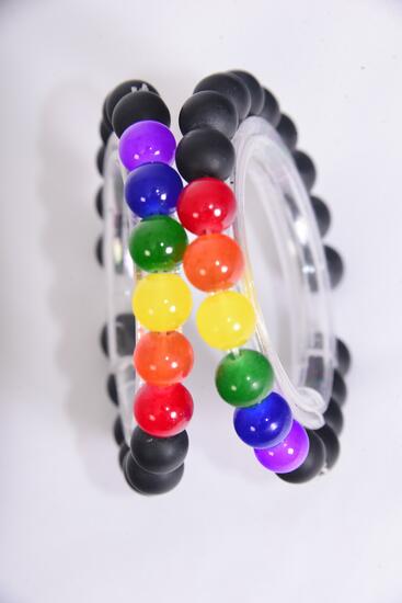 Bracelet 10 mm Black Glass Bead Rainbow Color Beads Mix Stretch / 12 pcs = Dozen  Stretch , Hang Tag & OPP Bag & UPC Code